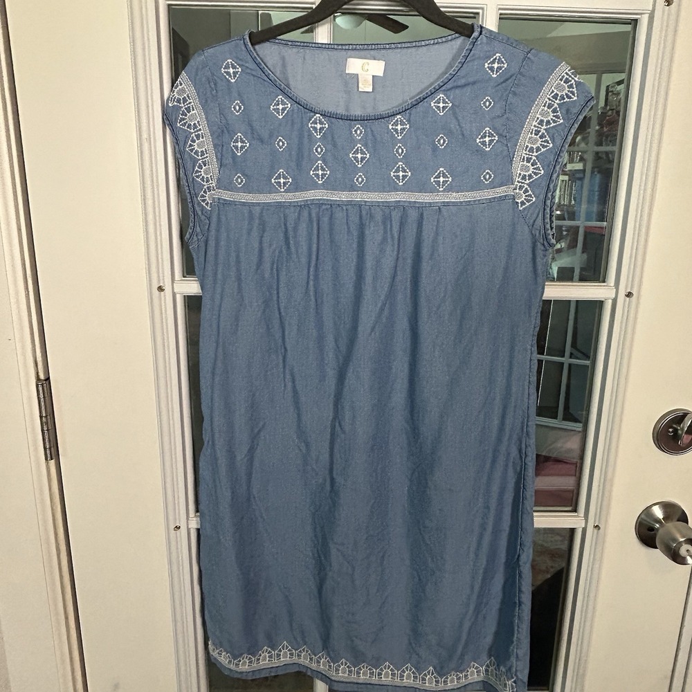 Chambray Embroidered Boho Mini Dress Western Size Small